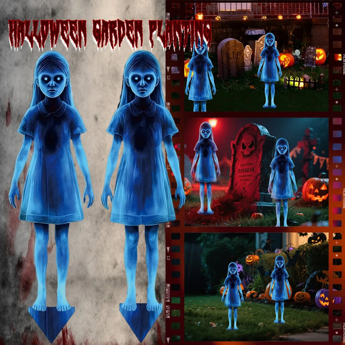 Halloween Scary Ghost Girl Garden Stake – Twin Female Ghost Metal Decoration 👻
